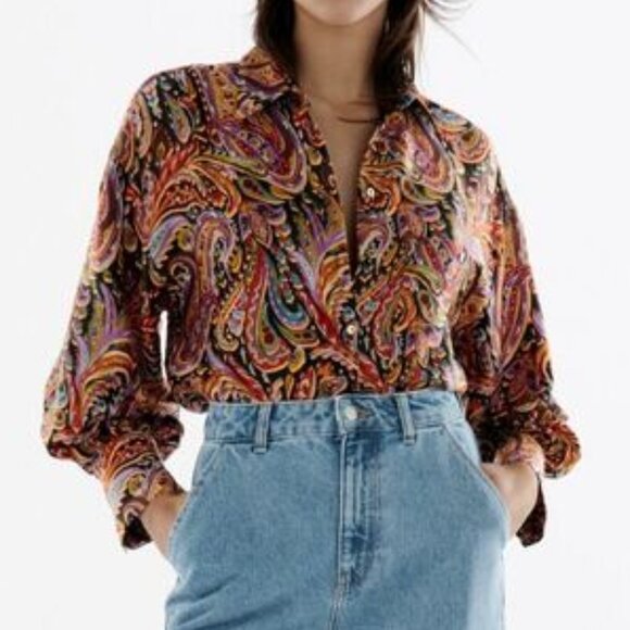 Retro ZARA Oversized Paisley Satin Blouse (M) - Picture 3 of 14